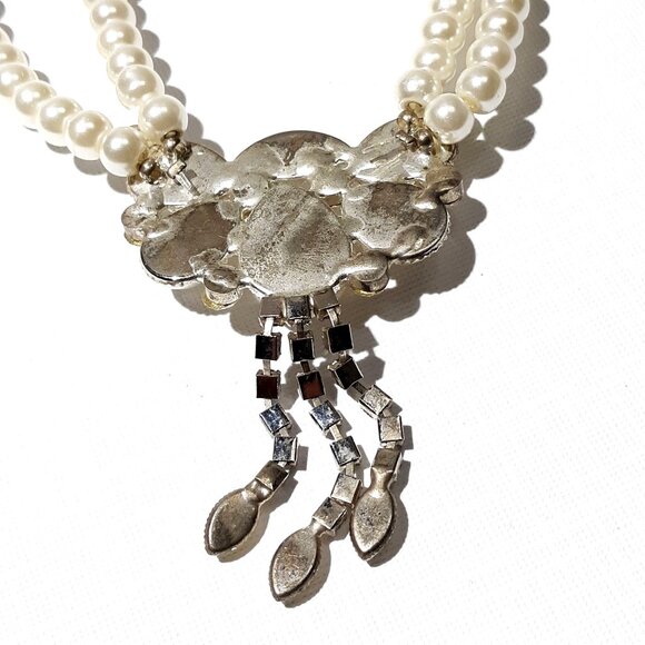 Pearl Rhinestones Necklace Choker Pendant Faux White Prong Set Wedding Prom - Picture 5 of 6